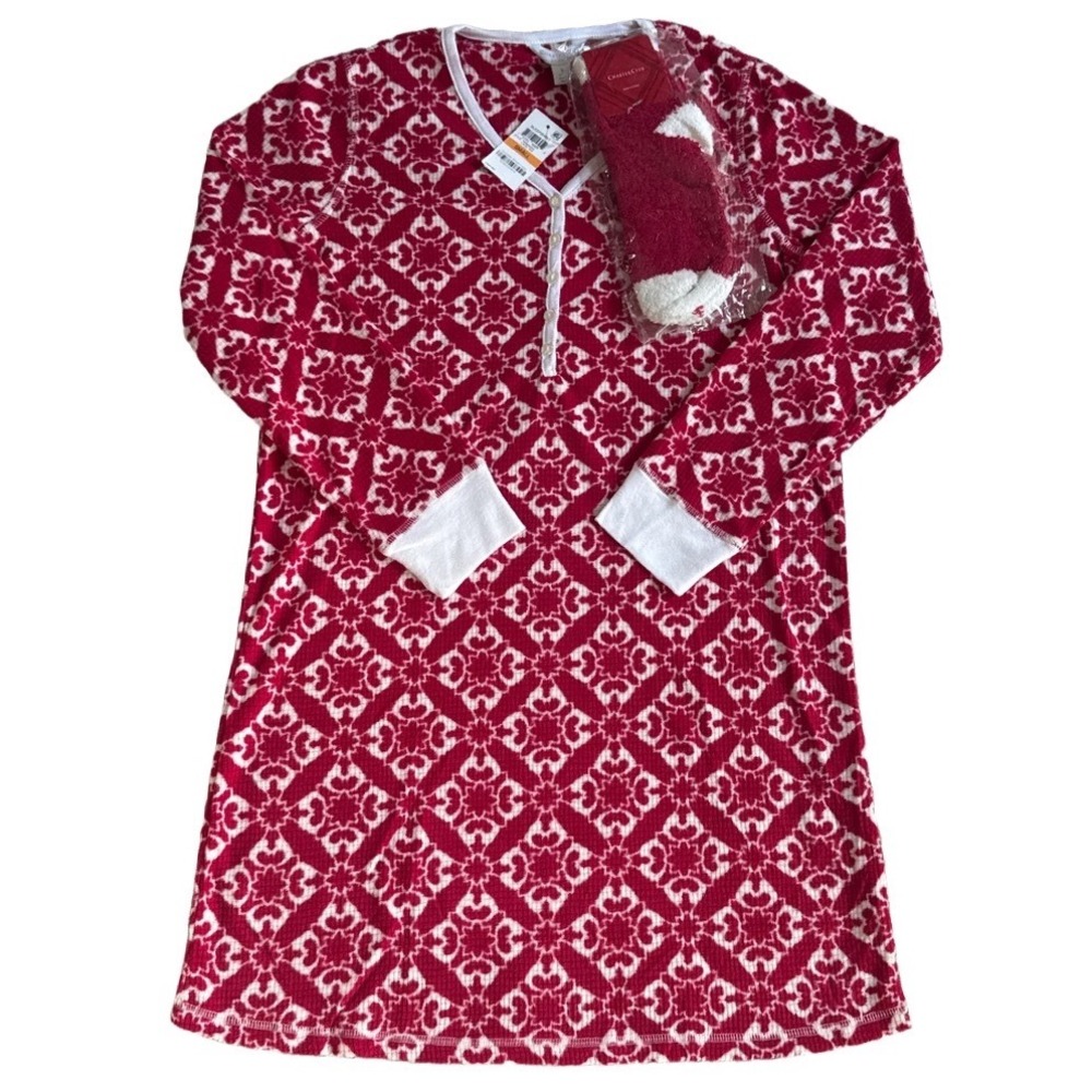 NWT Charter Club Pajama Set S Red White Sleepshirt & Socks Cozy Soft Winter Fall